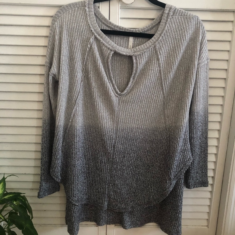 Gray Ombre High-Low Sweater with Deep Keyhole Neck